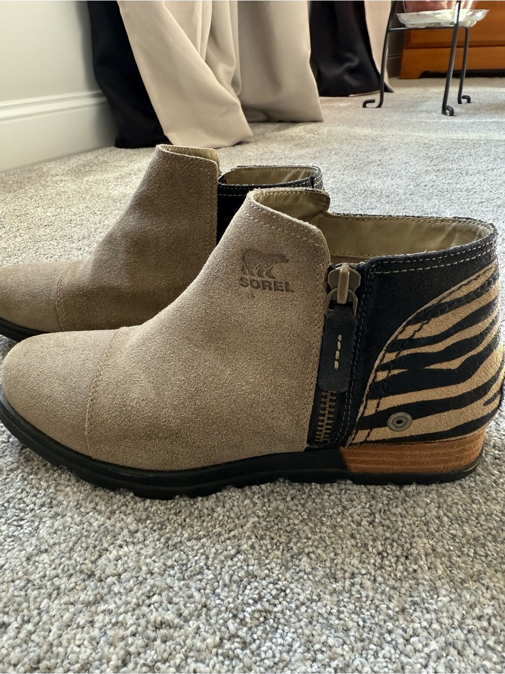 Sorel Taupe Suede Ankle Boots with Black Zebra-Print Heel Accent